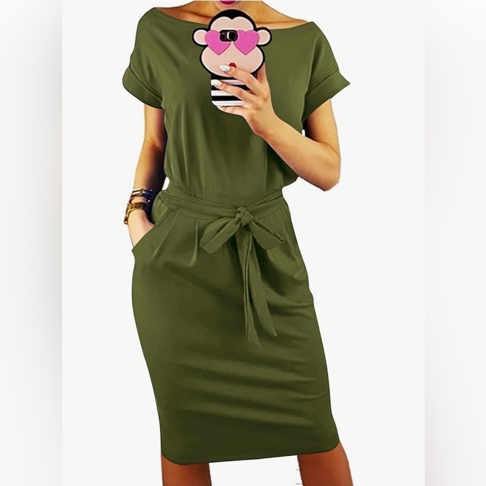 NWT Olive Green Casual Stretch Cotton Front Tie Dress Small
